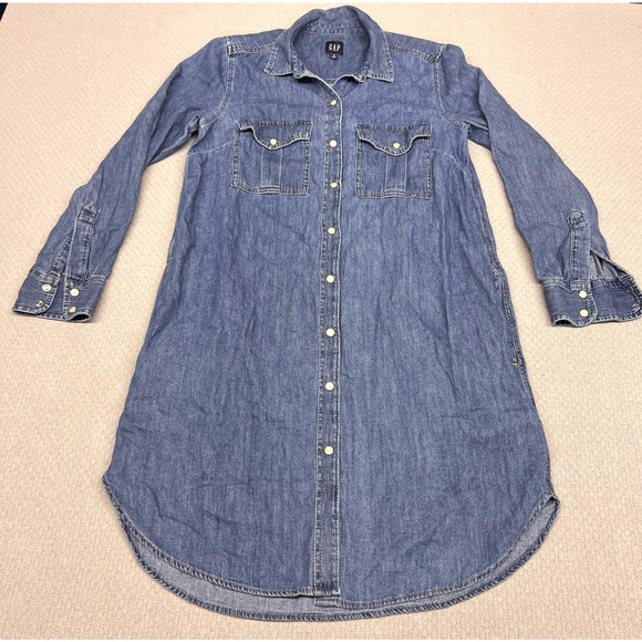 Gap Denim Pearl Snap Shirt Dress Womens Small Blue Western Cowgirl Classic - Picture 1 of 8